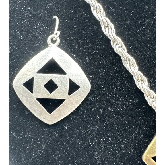 Set Necklace Earrings SilverTone Brass Tribal Geometric Cut Out Rope Chain 18”3” - Picture 4 of 14